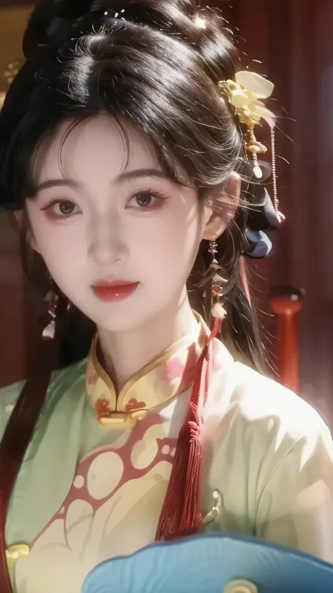 1 beautiful girl,best quality,(painting:1.5),Chest,torii,,depth of field, detailed face ,facial focus,ribbon_trim,(watching the audience:1.25),Smile,Thick lips,Real People,cheongsam