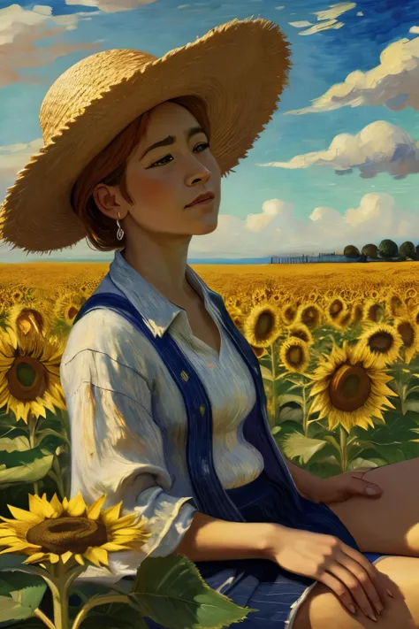 style: Van Gogh (impressionist)
Prompt IA :
“ sitting in a sunflower field wearing a straw hat, type artwork painted in Van Gogh style, with visible brushstrokes and sky full of movement. The scene conveys tranquility and emotion.”