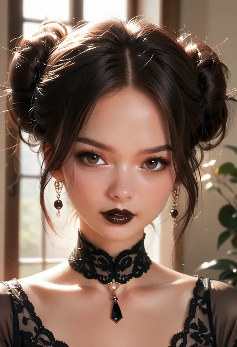 ((Perfect Face, Black Hair Bun, Brown Eyes, Black Thick Lips, Female Beautiful)), (Anime Girl, Illustration, Drawn, Portrait, Solo)