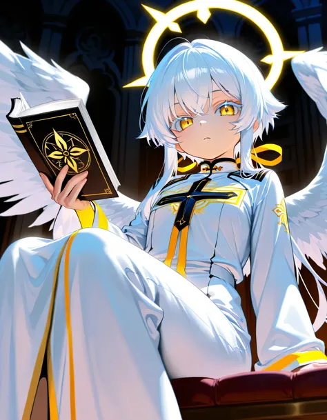 Score_9,score_8_up,score_7_up,score_6_up, fallen Angel, long white hair,golden eyes,Colored eyelashes, Halo ,Holding Books of Sin, sitting, White robe with Rib on the chest uniform, Low-angle View, Base on source, source_Mandate_of_Heaven_manga, masterpiec...