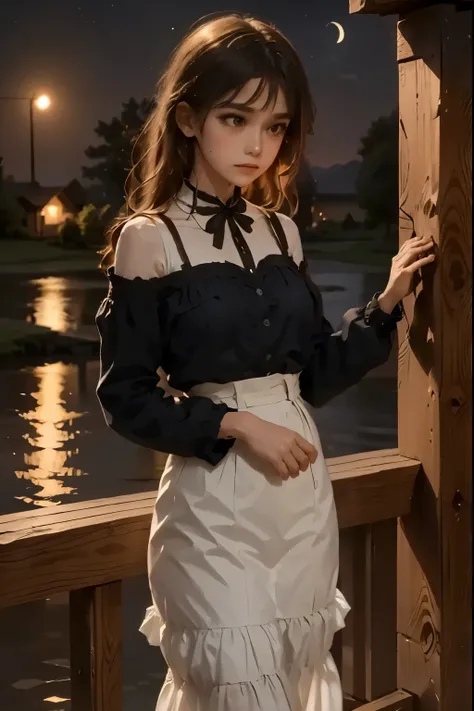 A serene clear night scene: a star-studded sky dominates the framing, with a subtle crescent moon hanging low on the horizon. The darkness is punctuated by a few wispy clouds, softly illuminated by the gentle light of distant stars. A lone figure stands at...