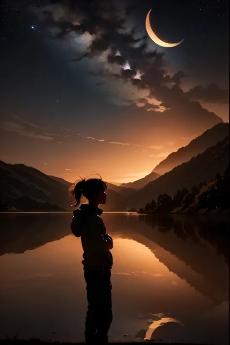 A serene clear night scene: a star-studded sky dominates the framing, with a subtle crescent moon hanging low on the horizon. The darkness is punctuated by a few wispy clouds, softly illuminated by the gentle light of distant stars. A lone figure stands at...