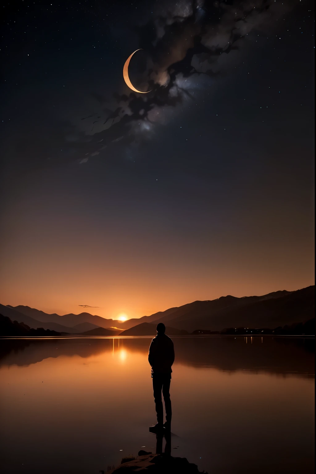 A serene clear night scene: a star-studded sky dominates the framing, with a subtle crescent moon hanging low on the horizon. The darkness is punctuated by a few wispy clouds, softly illuminated by the gentle light of distant stars. A lone figure stands at...