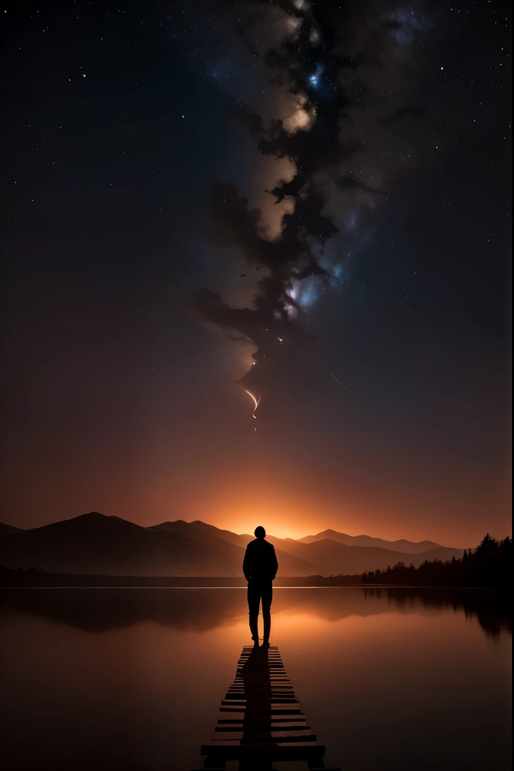 A serene clear night scene: a star-studded sky dominates the framing, with a subtle crescent moon hanging low on the horizon. The darkness is punctuated by a few wispy clouds, softly illuminated by the gentle light of distant stars. A lone figure stands at...