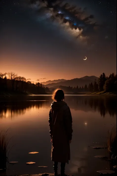 A serene clear night scene: a star-studded sky dominates the framing, with a subtle crescent moon hanging low on the horizon. The darkness is punctuated by a few wispy clouds, softly illuminated by the gentle light of distant stars. A lone figure stands at...