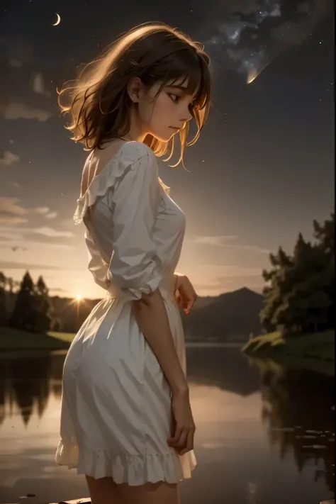 A serene clear night scene: a star-studded sky dominates the framing, with a subtle crescent moon hanging low on the horizon. The darkness is punctuated by a few wispy clouds, softly illuminated by the gentle light of distant stars. A lone figure stands at...