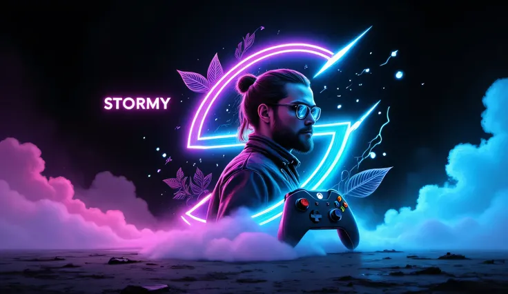 A dynamic gaming Wallpaper, Beard, Glasses, ponytail hair style, Neon-infused digital artwork gaming featuring a stylized, vibrant "S" with a futuristic man portrait partially emerging from within. The portrait displays a focused gaze, set against a bold b...
