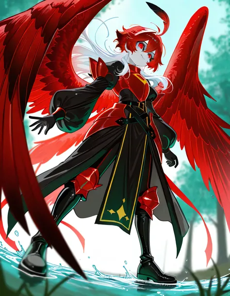 1girl,(Androgyny :1.5), long black gloves,long black boots,(Pale white skin),Sharp eyes, beautiful and charming, Angelic,(Describing angels who descend to the world),Black robe,(A calm smile like flowing water), Red eyes,(Red hair), masterpiece, Sharp focu...