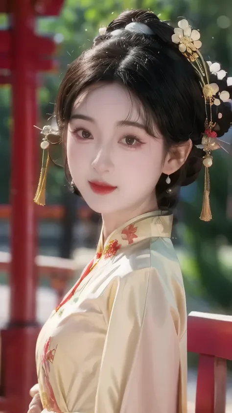 1 beautiful girl,best quality,(painting:1.5),Chest,torii,,depth of field, detailed face ,facial focus,ribbon_trim,(watching the audience:1.25),Smile,Thick lips,Real People,cheongsam,