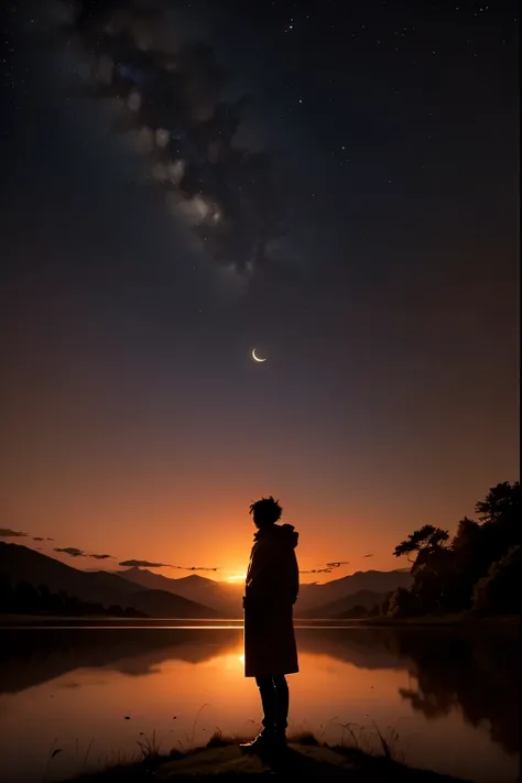 A serene clear night scene: a star-studded sky dominates the framing, with a subtle crescent moon hanging low on the horizon. The darkness is punctuated by a few wispy clouds, softly illuminated by the gentle light of distant stars. A lone figure stands at...