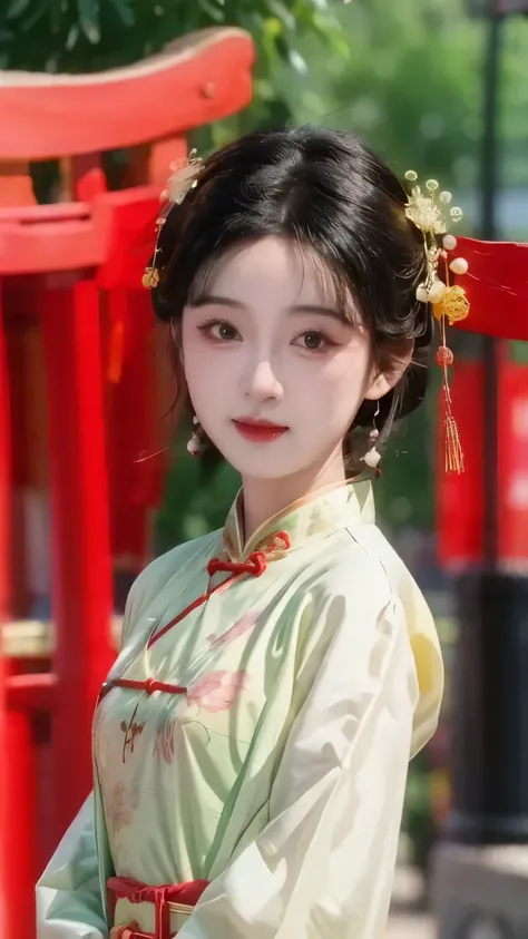 1 beautiful girl,best quality,(painting:1.5),Chest,torii,,depth of field, detailed face ,facial focus,ribbon_trim,(watching the audience:1.25),Smile,Thick lips,Real People,cheongsam,