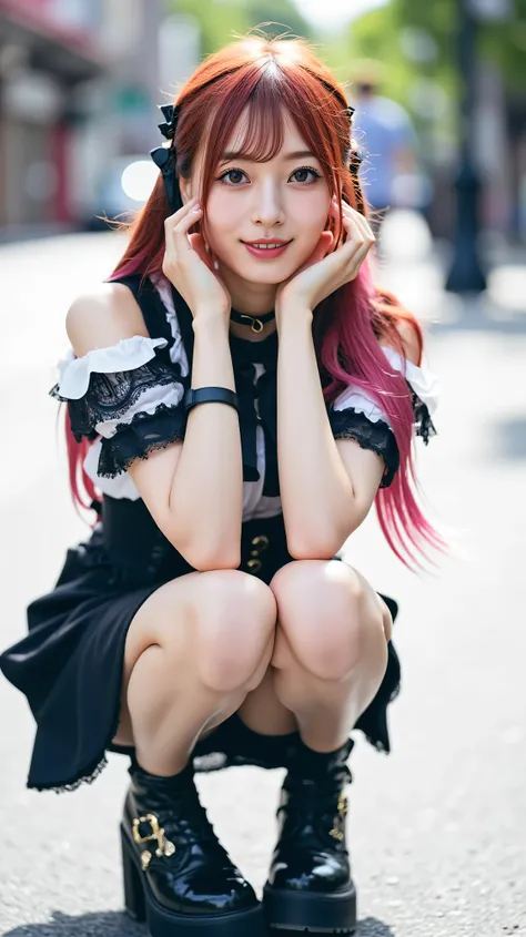 one girl, careful 150cm 、Delicate Body、pleated skirt、long hair、super miniskirt, landmine fashion, ultra high definition、16k、detailed eye description、big eyes、stare at the viewer's genitals、twin tail hairstyle、smile、 red and pink hair 、long hair up to the w...