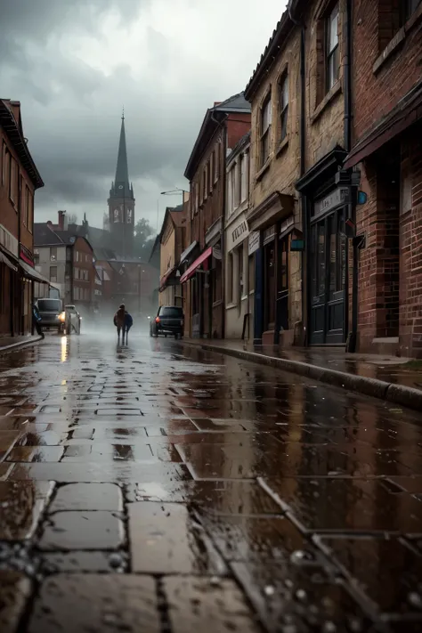 rainy day landscape, atmospheric rainy village, detailed brick buildings, cobblestone streets, puddles reflecting streetlights, vintage cars parked, overcast cloudy sky, moody lighting, muted color palette, cinematic mood, (best quality,4k,8k,highres,maste...