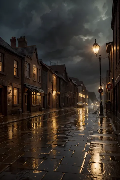 rainy day landscape, atmospheric rainy village, detailed brick buildings, cobblestone streets, puddles reflecting streetlights, vintage cars parked, overcast cloudy sky, moody lighting, muted color palette, cinematic mood, (best quality,4k,8k,highres,maste...