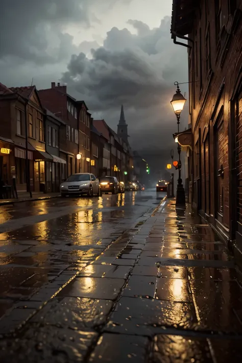 rainy day landscape, atmospheric rainy village, detailed brick buildings, cobblestone streets, puddles reflecting streetlights, vintage cars parked, overcast cloudy sky, moody lighting, muted color palette, cinematic mood, (best quality,4k,8k,highres,maste...