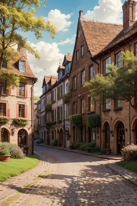sunny day landscape, atmospheric sunny village, detailed brick buildings, 4K, high resolution, photorealistic, professional landscape painting, detailed brick buildings, lush greenery, cobblestone streets, picturesque town square, old-world charm, warm sun...