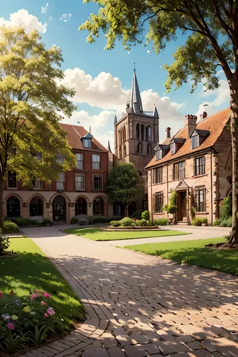 sunny day landscape, atmospheric sunny village, detailed brick buildings, 4K, high resolution, photorealistic, professional landscape painting, detailed brick buildings, lush greenery, cobblestone streets, picturesque town square, old-world charm, warm sun...