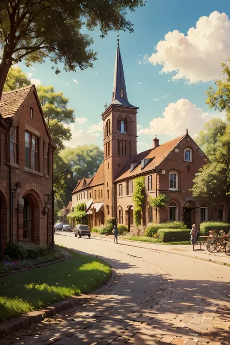 sunny day landscape, atmospheric sunny village, detailed brick buildings, 4K, high resolution, photorealistic, professional landscape painting, detailed brick buildings, lush greenery, cobblestone streets, picturesque town square, old-world charm, warm sun...