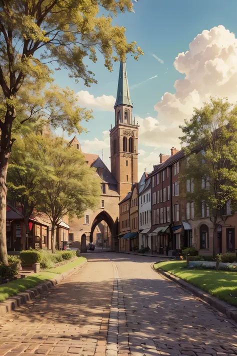 sunny day landscape, atmospheric sunny village, detailed brick buildings, 4K, high resolution, photorealistic, professional landscape painting, detailed brick buildings, lush greenery, cobblestone streets, picturesque town square, old-world charm, warm sun...