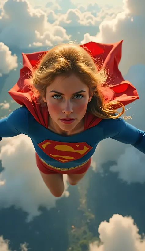 Helen Slater Supergirl soaring through the sky, arms stretched forward in flight, classic blue bodysuit with red and yellow “S” emblem, red cape billowing dramatically behind her, clouds and sunlight in the background, cinematic angle from below, heroic ex...