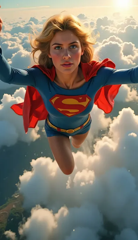 Helen Slater Supergirl soaring through the sky, arms stretched forward in flight, classic blue bodysuit with red and yellow “S” emblem, red cape billowing dramatically behind her, clouds and sunlight in the background, cinematic angle from below, heroic ex...
