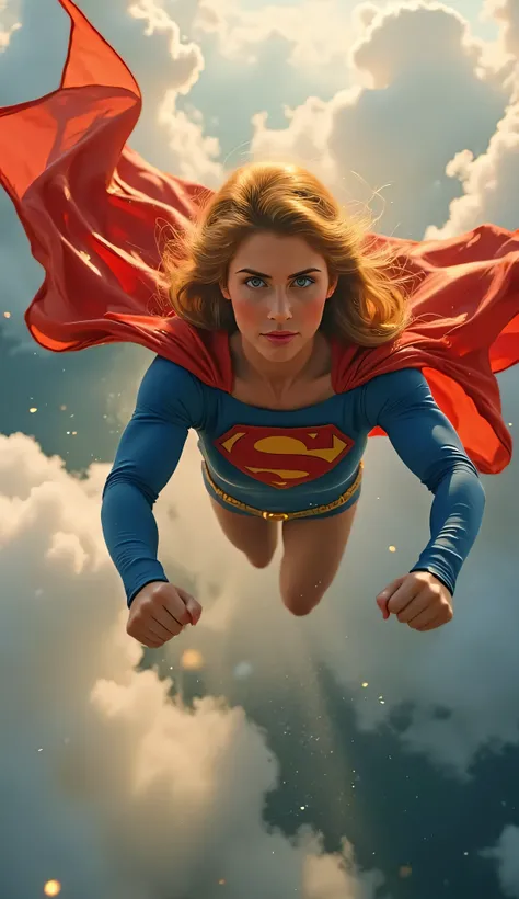 Helen Slater Supergirl soaring through the sky, arms stretched forward in flight, classic blue bodysuit with red and yellow “S” emblem, red cape billowing dramatically behind her, clouds and sunlight in the background, cinematic angle from below, heroic ex...