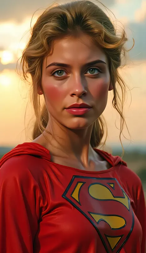 medium close-up of Helen Slater as Supergirl in her iconic 1980s costume, bright red cape flowing behind her, golden blonde hair softly tousled by the wind, piercing blue eyes, proud and noble expression, standing against a glowing sunset sky, soft rim lig...