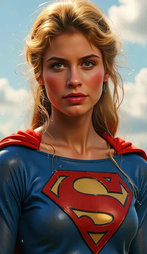 portrait of 1984 Supergirl, Helen Slater, in her red and blue costume with classic yellow ‘S’ emblem, medium close-up with a powerful yet graceful expression, hair shimmering in the sunlight, soft depth of field, cape fluttering, light clouds in the sky, h...