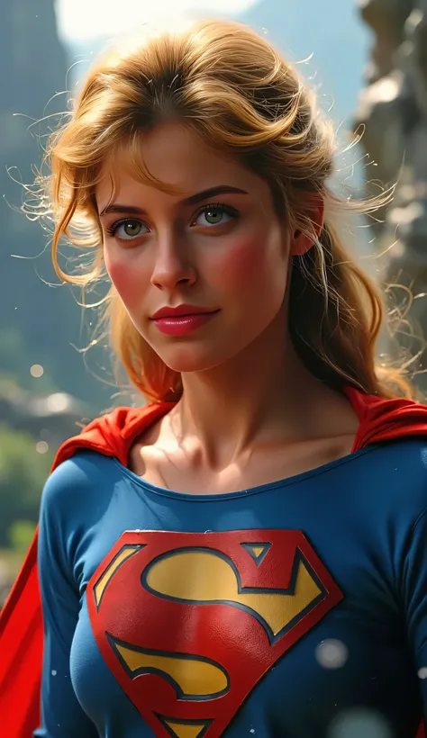 ultra-detailed medium close-up of Helen Slater as Supergirl, 1980s costume with vivid colors and texture, blue spandex suit with red cape, windswept golden hair, soft ambient lighting, ethereal glow around her, serene and determined look, Fortress of Solit...