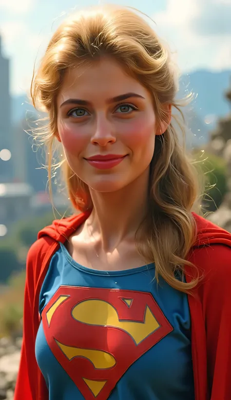 medium close-up of Helen Slater as Supergirl, smiling warmly, golden blonde hair glowing under soft sunlight, 1980s classic red and blue costume with yellow 'S' symbol, vintage film grain effect, pastel city skyline in the background, dreamy soft focus, vi...