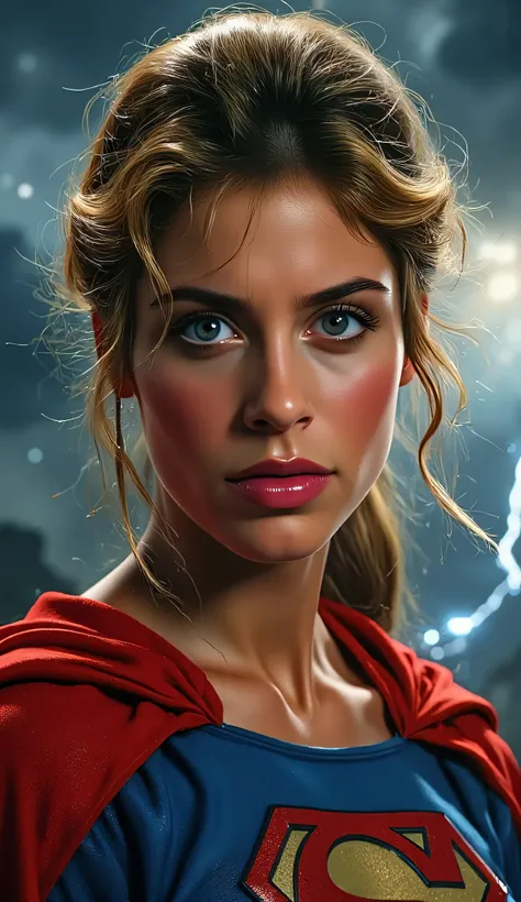 medium close-up of 1984 Supergirl (Helen Slater), intense and determined expression, glowing blue eyes, red cape flowing with wind, dark storm clouds and lightning in the background, dramatic cinematic lighting from below, costume glistening with subtle hi...