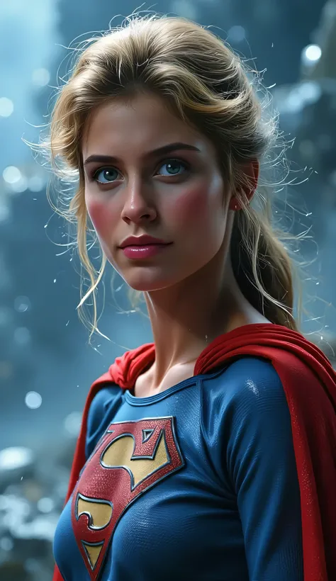 medium close-up of Helen Slater as Supergirl, calm and composed expression, surrounded by crystalline structures of the Fortress of Solitude, cool blue ambient lighting, wind-blown blonde hair, classic red and blue costume, detailed texture on fabric and c...