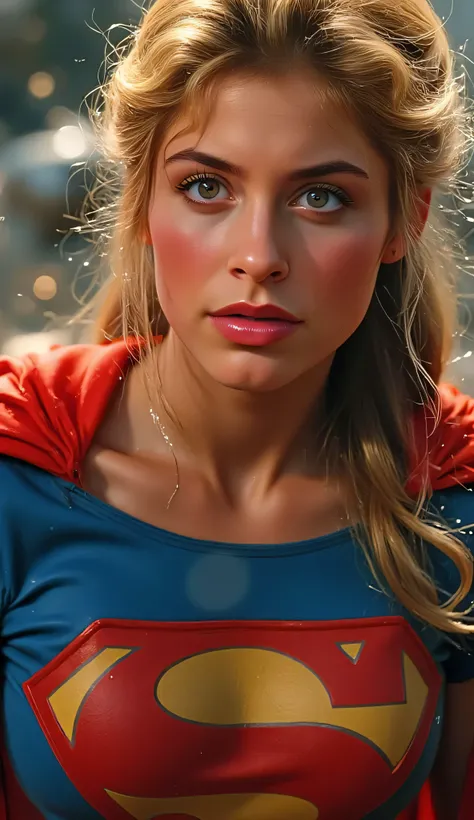 medium close-up of Helen Slater as Supergirl in her classic 1984 costume, soft VHS-style grain and chromatic distortion, warm lighting with vintage color grading, slight blur and tracking lines like an 80s tape recording, heroic pose, blonde hair softly mo...