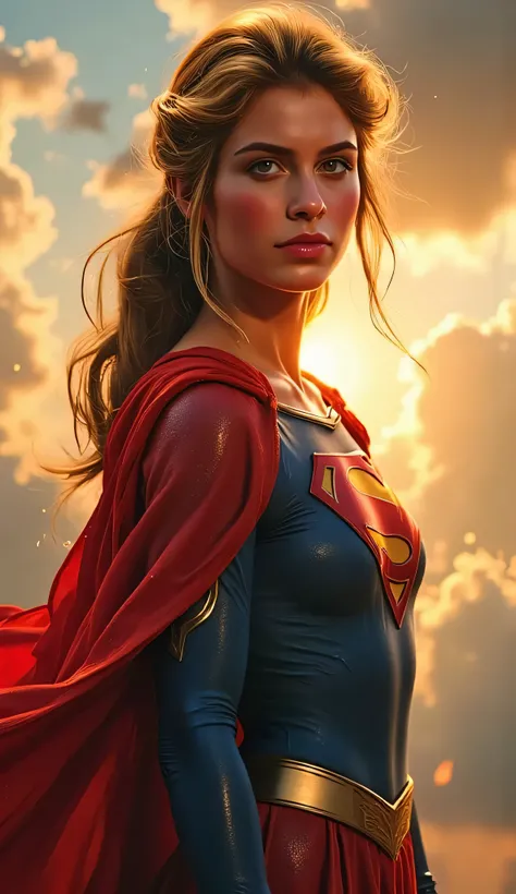portrait of Supergirl (Helen Slater), proud and regal expression, standing tall against glowing golden clouds at sunrise, cape flowing dramatically, hair shining in the morning light, high-detail 1980s costume with glowing S emblem, painterly style with so...