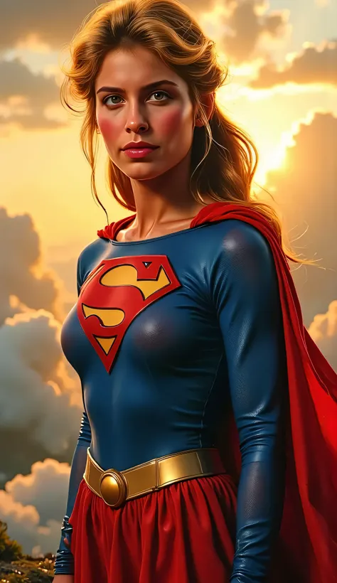 portrait of Supergirl (Helen Slater), proud and regal expression, standing tall against glowing golden clouds at sunrise, cape flowing dramatically, hair shining in the morning light, high-detail 1980s costume with glowing S emblem, painterly style with so...