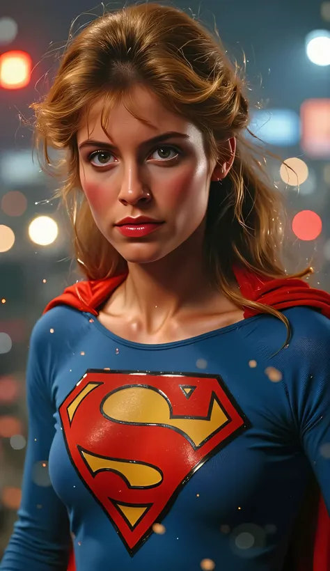 medium close-up of Supergirl from the 1984 movie, Helen Slater in red and blue costume, intense expression with wind-swept hair, VHS glitch effects with static lines and warped colors, glowing city lights in the background, lens flare from neon, painterly ...