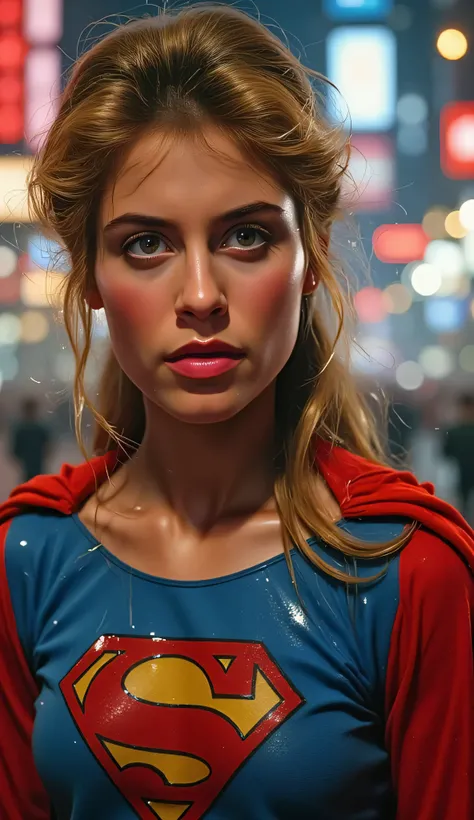 medium close-up of Supergirl from the 1984 movie, Helen Slater in red and blue costume, intense expression with wind-swept hair, VHS glitch effects with static lines and warped colors, glowing city lights in the background, lens flare from neon, painterly ...
