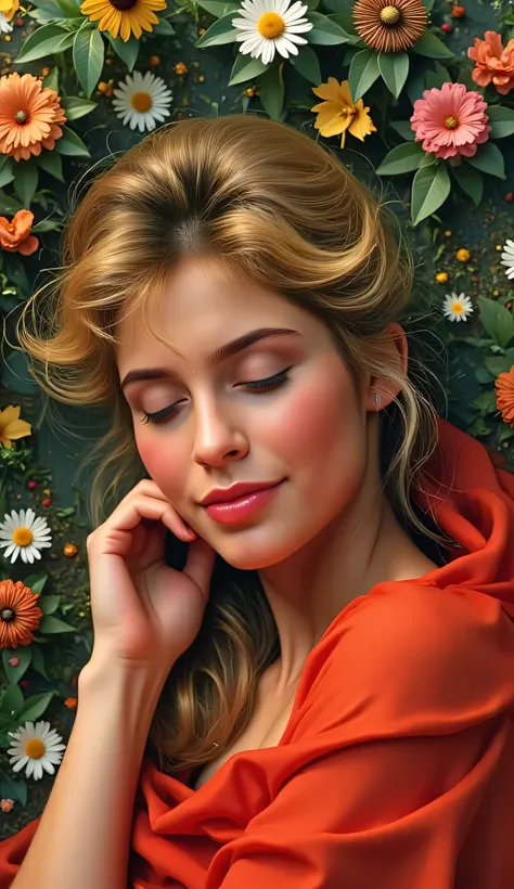 Helen Slater as Supergirl in her 1984 costume, laying peacefully in a colorful flower garden, head resting on one arm, eyes closed with a soft smile, golden hair spread across the grass and petals, glowing warm light, red cape gently draped around her, pai...