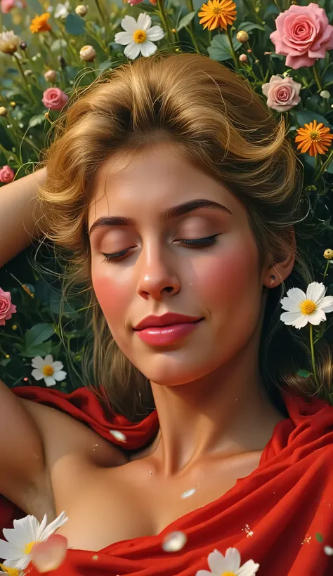 Helen Slater as Supergirl in her 1984 costume, laying peacefully in a colorful flower garden, head resting on one arm, eyes closed with a soft smile, golden hair spread across the grass and petals, glowing warm light, red cape gently draped around her, pai...