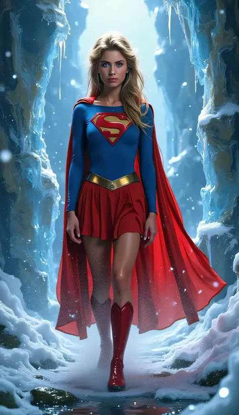 full-body standing pose of Helen Slater as Supergirl in her 1984 costume, surrounded by the icy crystal structures of the Fortress of Solitude, snowflakes falling gently, cape fluttering, serene and noble expression, cold mist in the air, painterly semi-re...