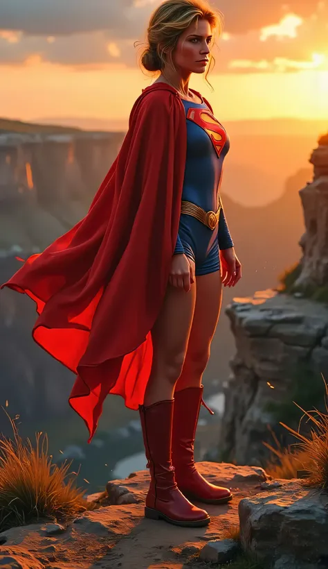 Supergirl (Helen Slater) standing at the edge of a canyon at sunset, warm orange and red sky, wind lifting her cape, confident and contemplative stance, 1984 costume glowing in the golden hour light, painterly texture, rugged terrain beneath her boots, sem...