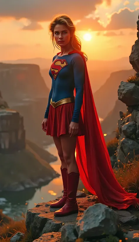 Supergirl (Helen Slater) standing at the edge of a canyon at sunset, warm orange and red sky, wind lifting her cape, confident and contemplative stance, 1984 costume glowing in the golden hour light, painterly texture, rugged terrain beneath her boots, sem...
