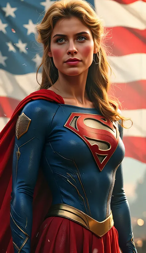 Supergirl (Helen Slater) standing heroically with the American flag waving behind her, proud expression, classic red and blue costume with golden ‘S’ emblem shining, bright sky and dramatic backlight, painterly semi-realistic rendering, symbolic and cinema...