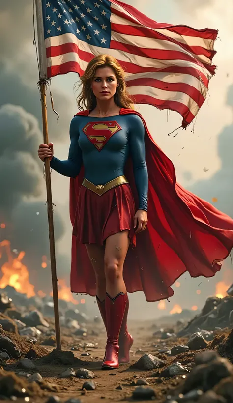 Supergirl standing tall and holding a waving American flag planted in cracked earth, smoke and ash in the background, battle-worn but proud, cape tattered and billowing, intense expression of hope, painterly lighting, classic costume with dirt marks, 4k ci...