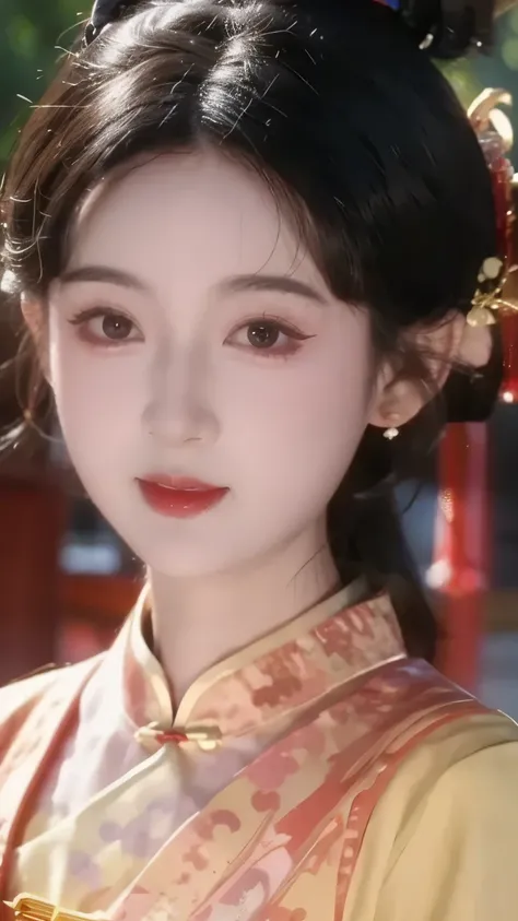 1 beautiful girl,best quality,(painting:1.5),Chest,torii,,depth of field, detailed face ,facial focus,ribbon_trim,(watching the audience:1.25),Smile,Thick lips,Real People,cheongsam,
