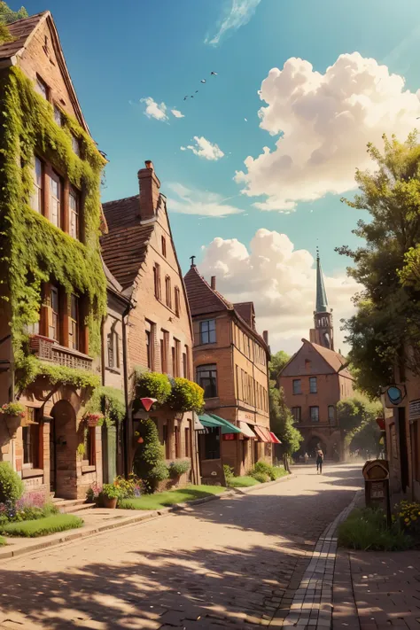 sunny day landscape, atmospheric sunny village, detailed brick buildings, 4K, high resolution, photorealistic, professional landscape painting, detailed brick buildings, lush greenery, cobblestone streets, picturesque town square, old-world charm, warm sun...