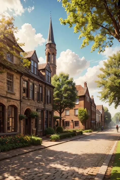 sunny day landscape, atmospheric sunny village, detailed brick buildings, 4K, high resolution, photorealistic, professional landscape painting, detailed brick buildings, lush greenery, cobblestone streets, picturesque town square, old-world charm, warm sun...