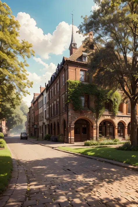 sunny day landscape, atmospheric sunny village, detailed brick buildings, 4K, high resolution, photorealistic, professional landscape painting, detailed brick buildings, lush greenery, cobblestone streets, picturesque town square, old-world charm, warm sun...