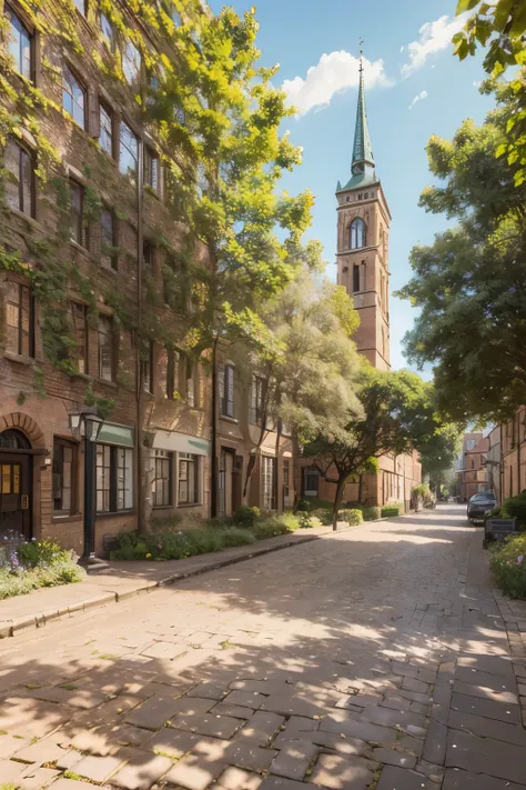 sunny day landscape, atmospheric sunny village, detailed brick buildings, 4K, high resolution, photorealistic, professional landscape painting, detailed brick buildings, lush greenery, cobblestone streets, picturesque town square, old-world charm, warm sun...
