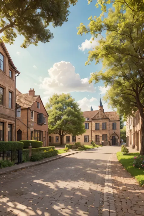 sunny day landscape, atmospheric sunny village, detailed brick buildings, 4K, high resolution, photorealistic, professional landscape painting, detailed brick buildings, lush greenery, cobblestone streets, picturesque town square, old-world charm, warm sun...